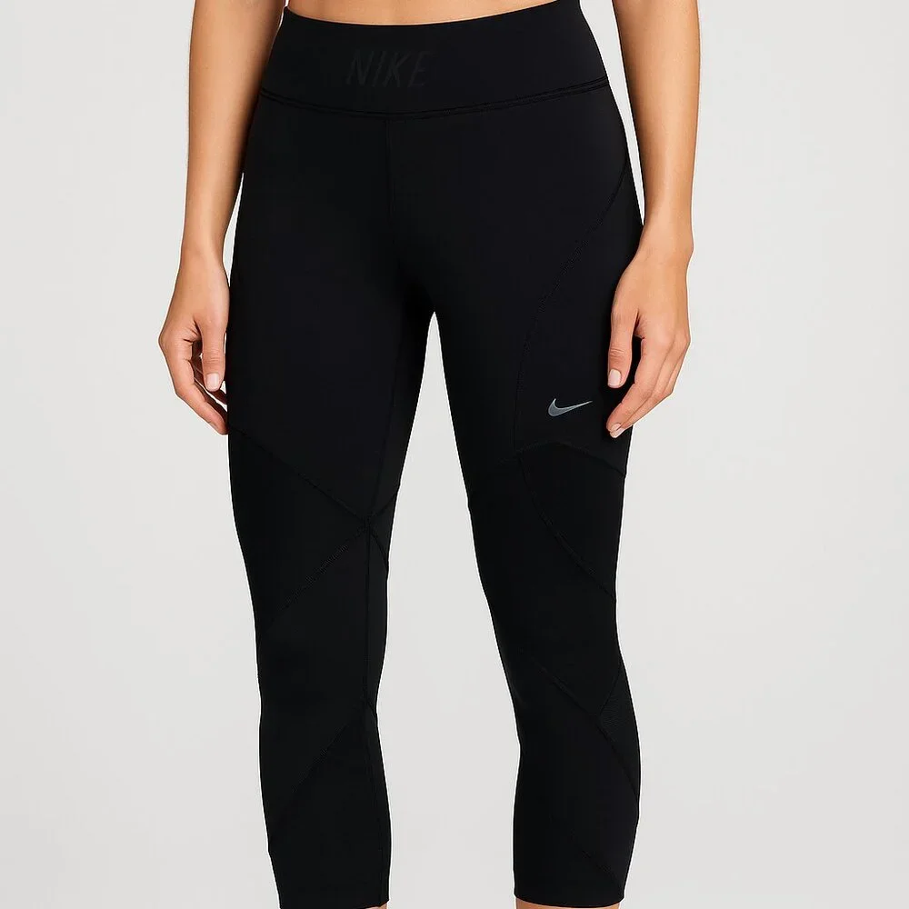 Nike Dri-FIT Black Mesh Panel Running Capri Leggings Size M - Picture 1 of 6